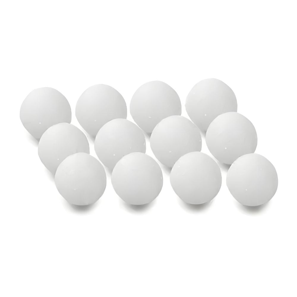 Twelve white ping pong balls are arranged on a plain white background. The uniformity and simplicity convey a clean, organized, and minimalistic tone.