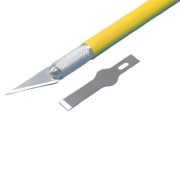 An art knife with a yellow handle and a silver metal blade, positioned on a white background. Next to the knife, there is an additional silver blade with a notched design for easy attachment. The art knife features a textured grip for better handling.