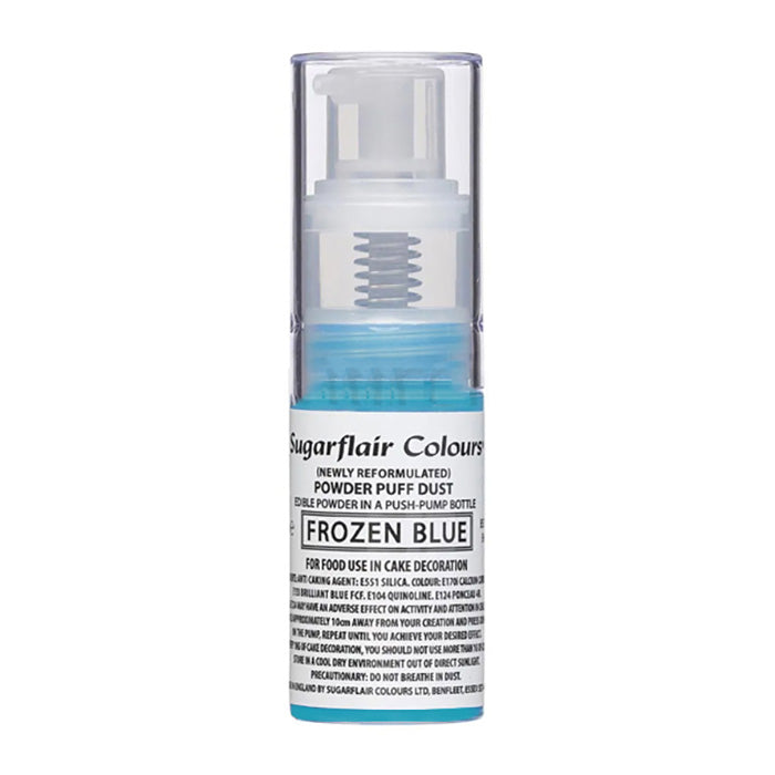 A transparent push-pump bottle containing edible glitter dust spray labeled "Sugarflair Colours Frozen Blue." The bottle features a blue base and a white label with instructions and safety information for food use in cake decoration. The label includes a caution about not inhaling the product.