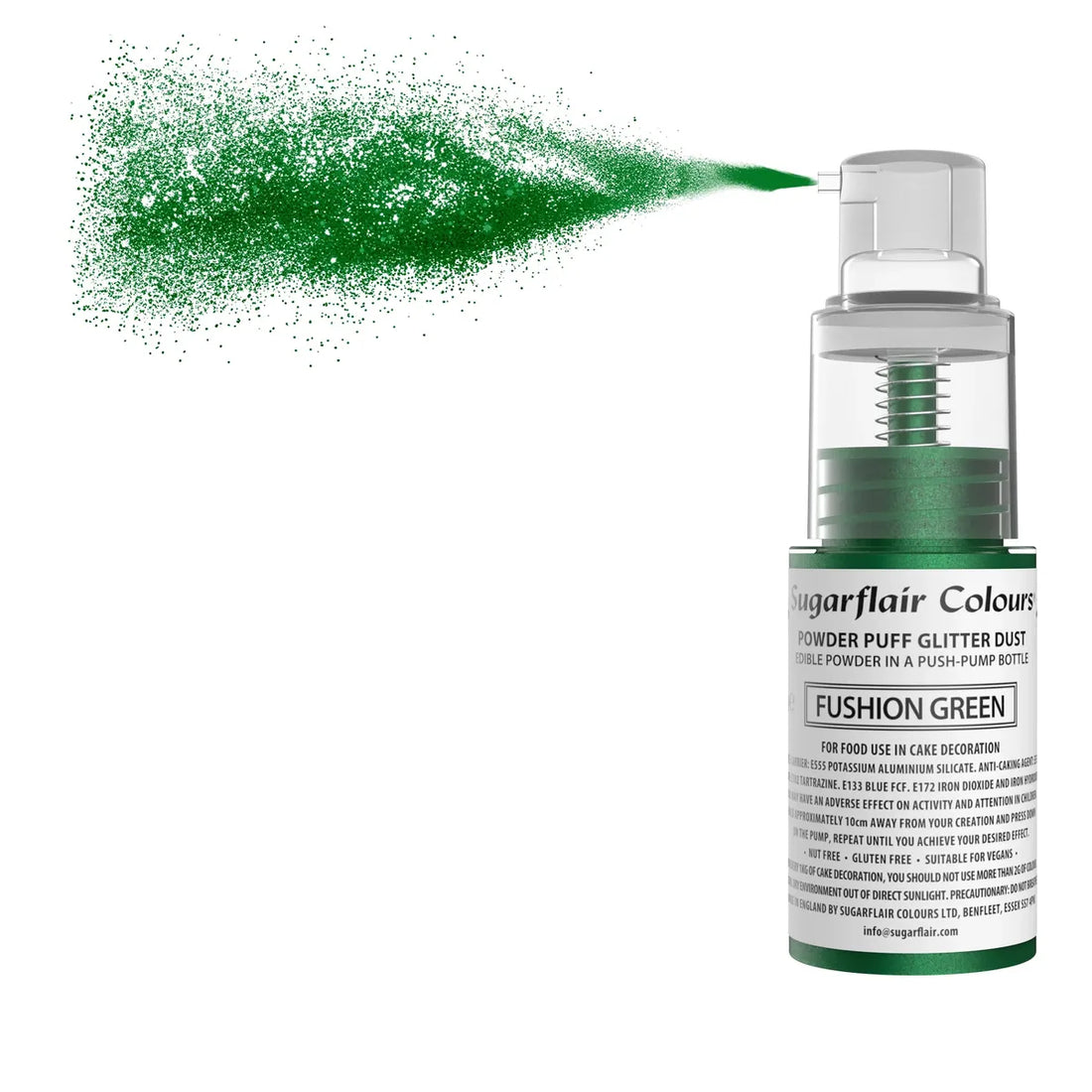 A green spray bottle with a matching green powder beside it, set against a neutral backdrop.