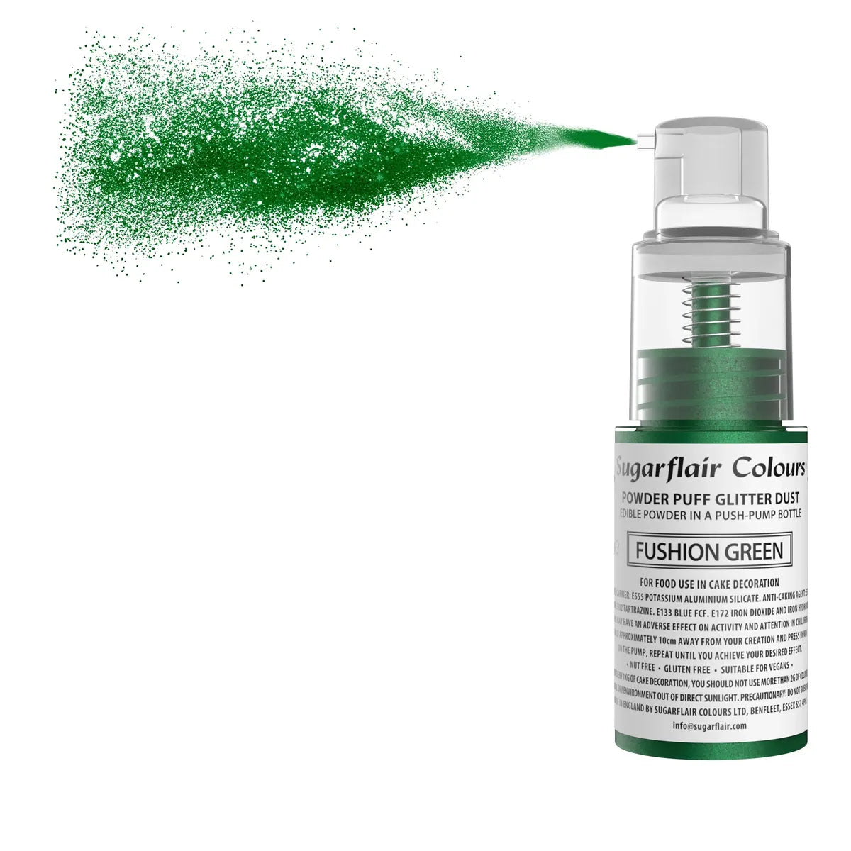 A green spray bottle with a matching green powder beside it, set against a neutral backdrop.