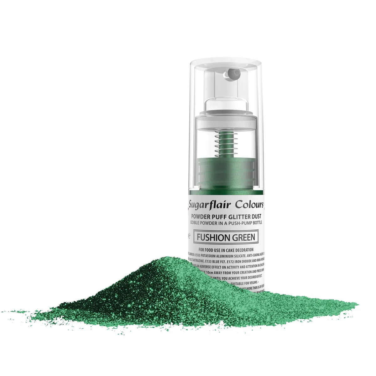 A bottle of green hair color powder next to loose green powder, showcasing the product&