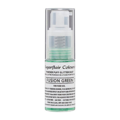 A bottle of Sugarflair Edible Glitter Dust Spray in Fusion Green color, intended for use in baking and cake decoration.