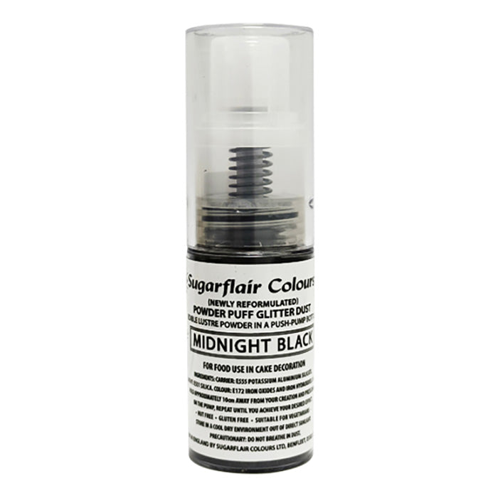 The image shows a clear bottle of Sugarflair Edible Glitter Dust Spray in the shade "Midnight Black." The bottle features a push-pump applicator at the top and contains 10 grams of product. The label provides information about the product, including its name, usage for cake decoration, and a list of ingredients. The background is plain, emphasizing the bottle.