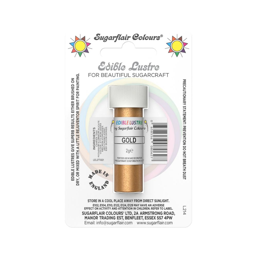 Small bottle of Sugarflair Edible Lustre dust in gold. It&