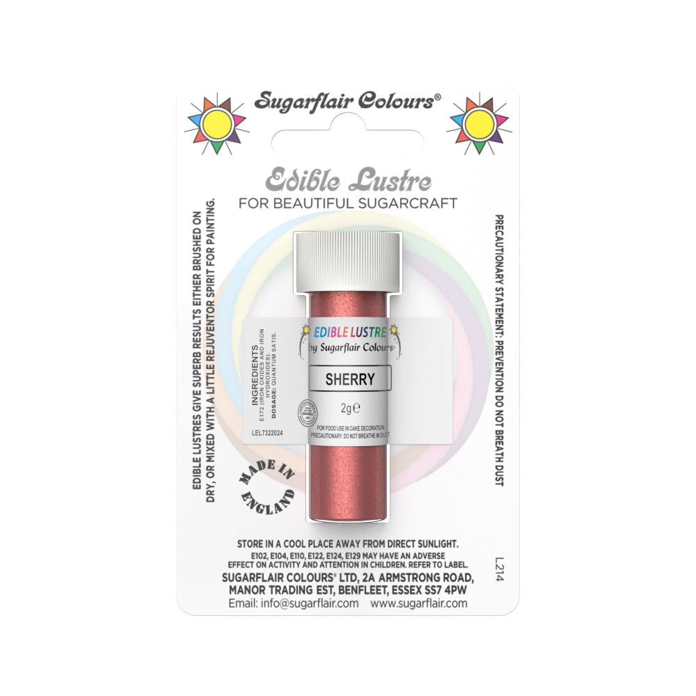 Package of Sugarflair Edible Lustre in "Sherry" color. The jar contains red lustre powder for sugarcraft, surrounded by colorful design on the card.