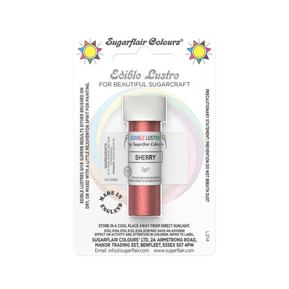 Package of Sugarflair Edible Lustre in "Sherry" color. The jar contains red lustre powder for sugarcraft, surrounded by colorful design on the card.