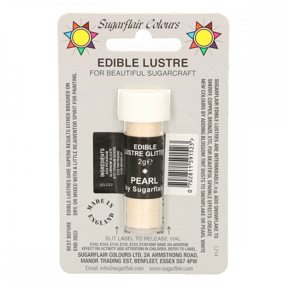 A product packaging for Sugarflair Edible Lustre Glitter in a 2g vial, labeled &quot;Pearl.&quot; The packaging features colorful designs, including a sun symbol and instructions for use in sugarcraft. A black label lists ingredients and warnings. The product is noted to be made in England.