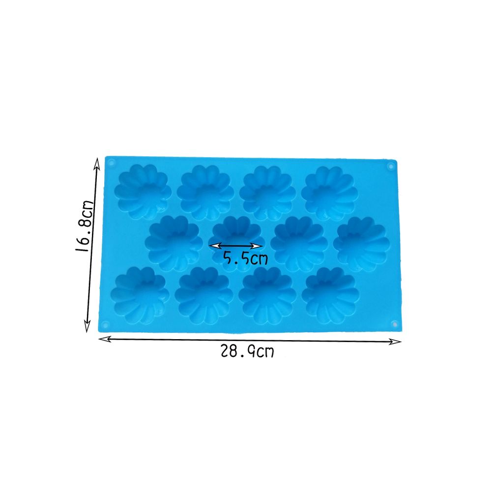 A blue silicone cupcake baking pan with 12 liners, designed for convenient and mess-free baking. 
