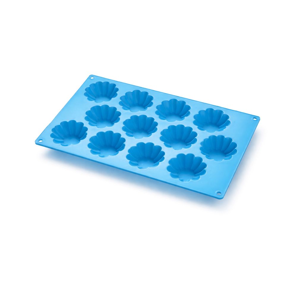 A blue silicone baking pan containing six cupcake liners, ideal for creating perfectly shaped cupcakes.