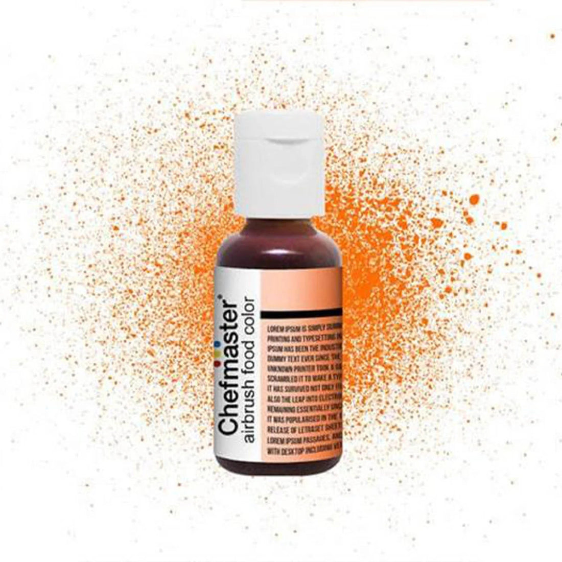 A bottle of Chefmaster airbrush food color in sunset orange, 20g. The bottle features a white cap and a label with the Chefmaster logo, and it is surrounded by a vibrant orange splatter effect in the background.