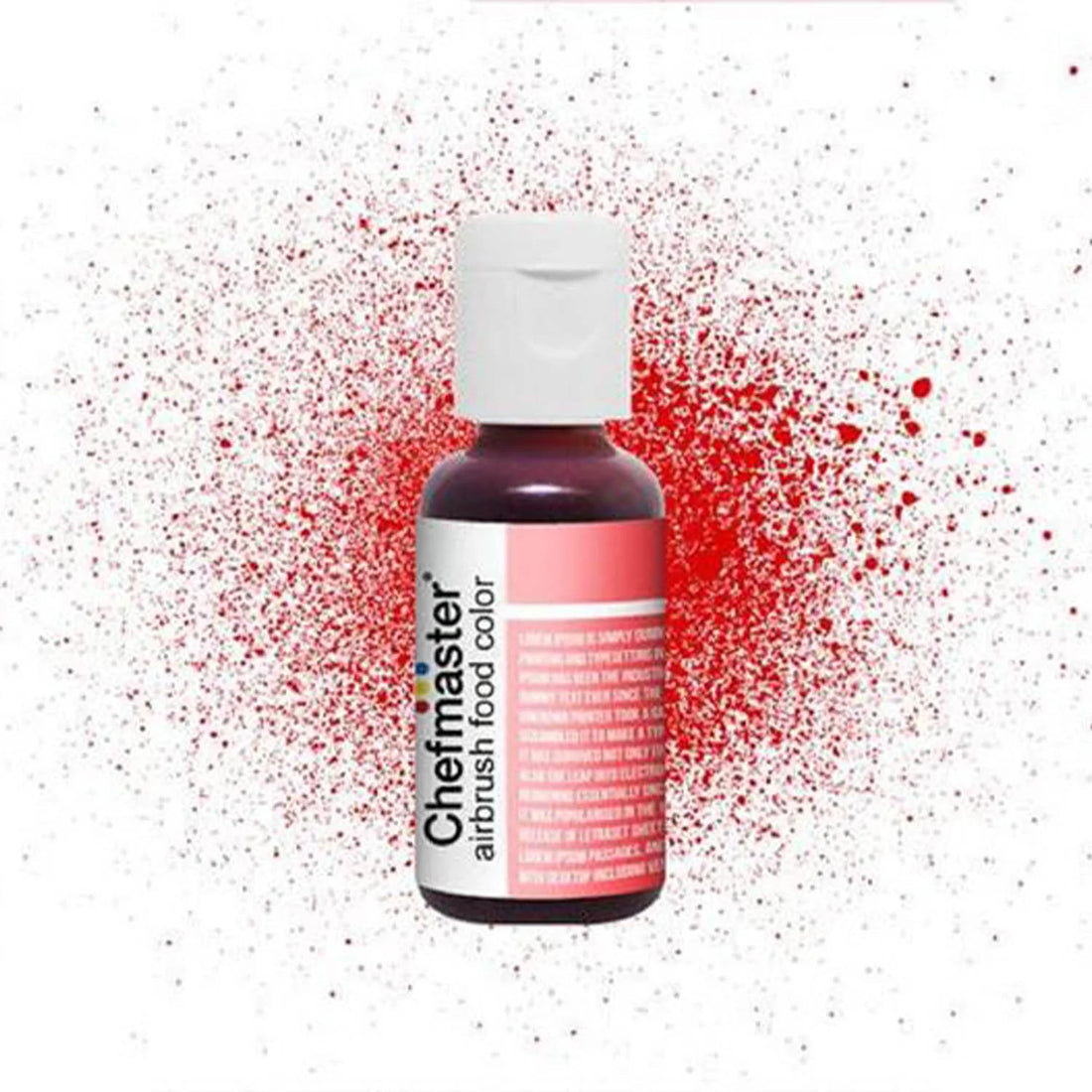 An airbrush food color bottle labeled &quot;Chefmaster Airbrush Food Color Super Red 20g&quot; is centered in the image. The bottle has a white cap and features a white label with red and black text. The background displays a splatter effect in various shades of red, emphasizing the vibrant color of the product.