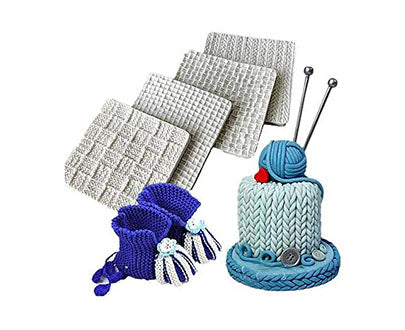 A product display featuring a "knitting sweater silicone mould set of 4." The image includes four square silicone moulds with a textured pattern resembling knitted fabric, positioned at the top. Below them are two small purple knitted mittens with decorative white flowers. To the right is a decorated cake designed to look like a knitted sweater, featuring blue yarn and two knitting needles on top.