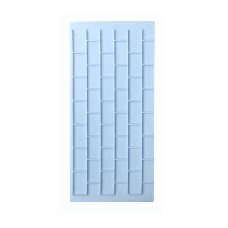 A two-piece silicone mold designed to create impressions of brick wall patterns. The mold features rectangular indentations arranged in a staggered pattern, with a smooth, flexible surface suitable for casting materials. The color of the mold is light blue.