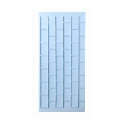 A two-piece silicone mold designed to create impressions of brick wall patterns. The mold features rectangular indentations arranged in a staggered pattern, with a smooth, flexible surface suitable for casting materials. The color of the mold is light blue.