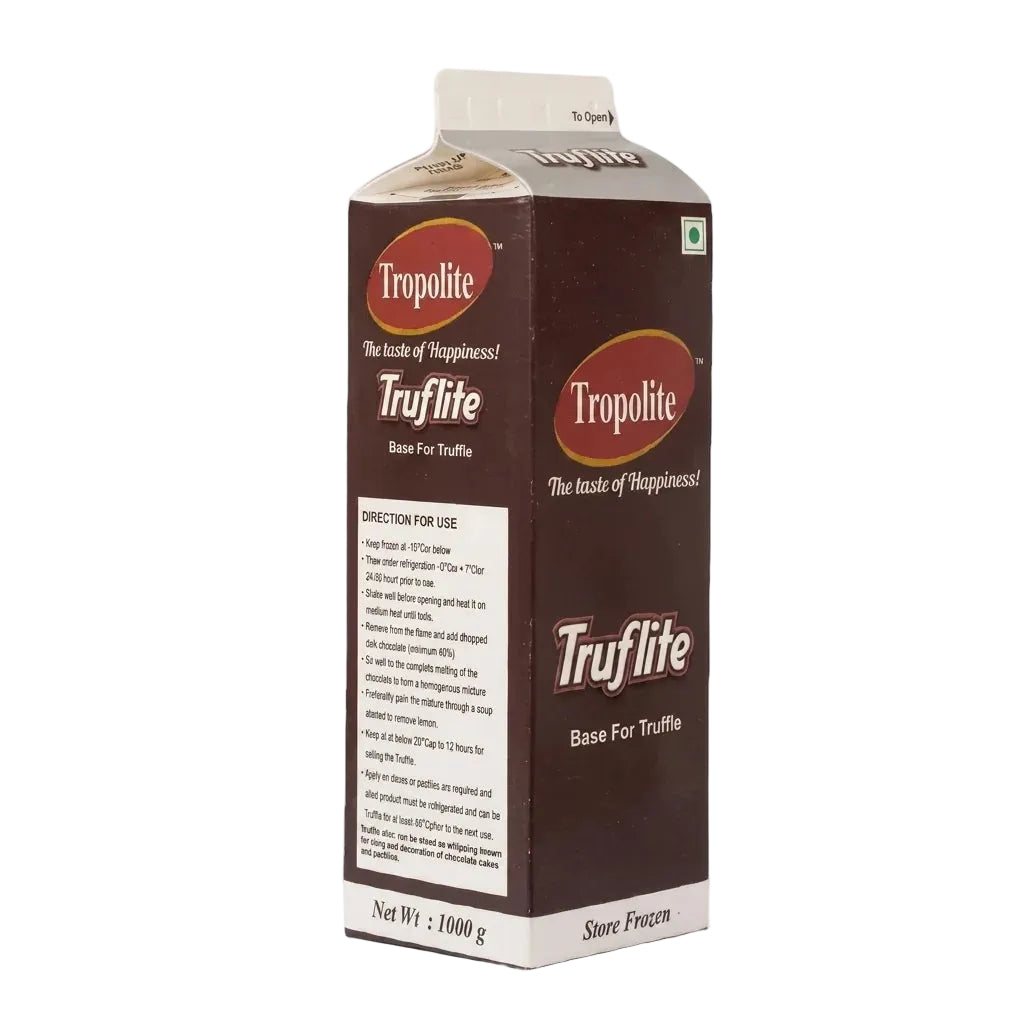 A 1000g carton of Tropolite Truflite Base For Truffle, featuring a dark brown and white design with red oval brand logos, set against a plain white background.