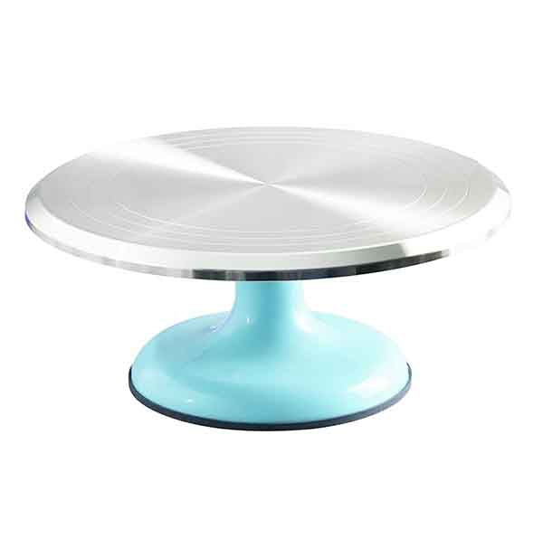 A revolving turntable featuring a shiny silver aluminum surface with circular grooves and a smooth blue base. The table has a modern design and a round shape, making it suitable for displaying items or serving food.