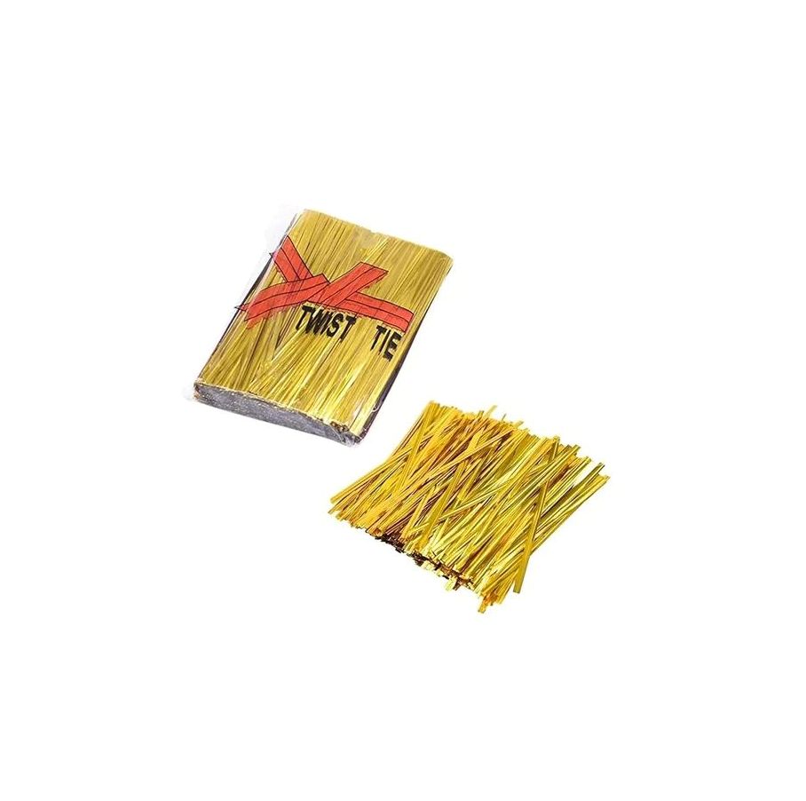 Package of gold twist ties partially opened, with a bundle of ties spilled out. The packaging features a red "X" and the words "Twist Tie." Simple, utilitarian tone.
