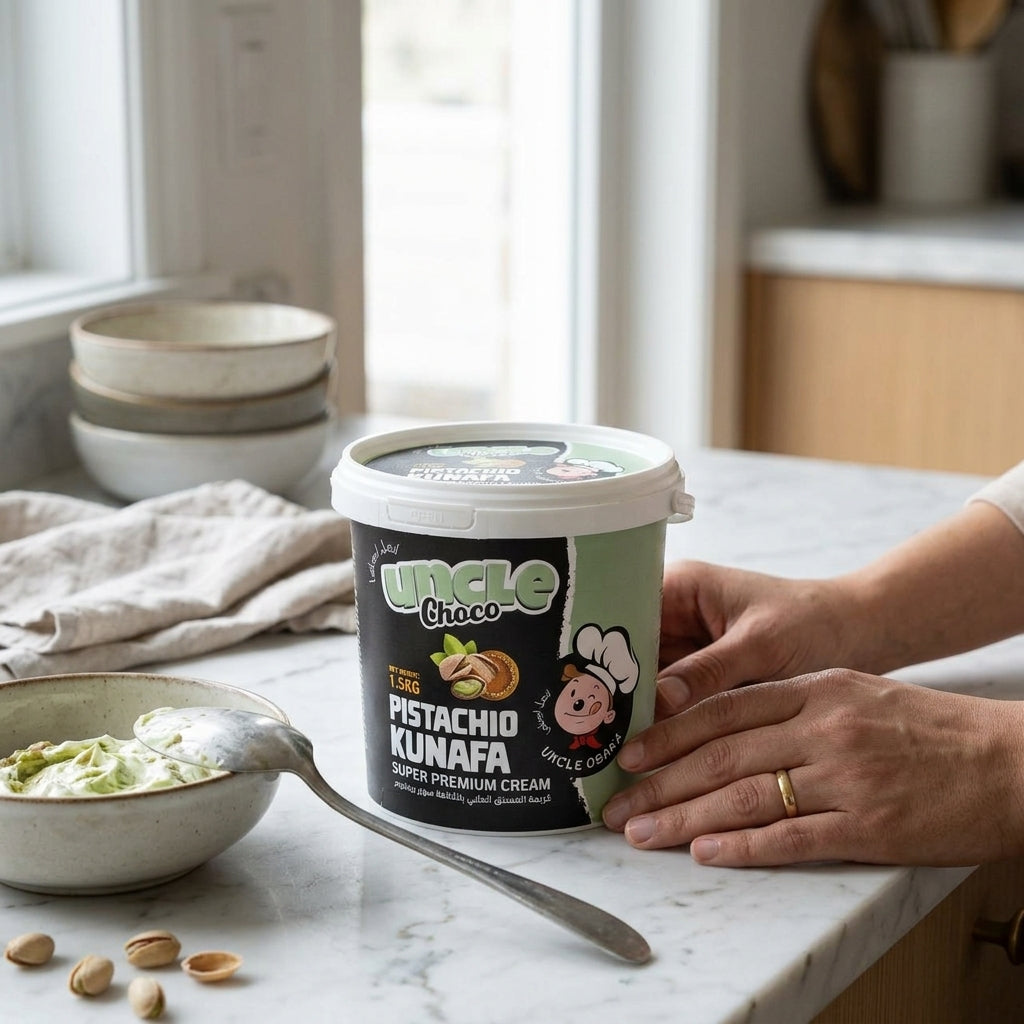 Person holding a container of Uncle Choco Pistachio Kunafa on a kitchen counter.