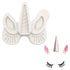 An image of a white silicone mold shaped like a unicorn head, featuring ears, a twisted horn, and eyelashes. The mold contains spaces for creating a unicorn horn, two ears, and eyelashes. Next to the mold are three finished pieces: a pink and white horn, two pink-tipped ears, and a pair of black eyelashes.