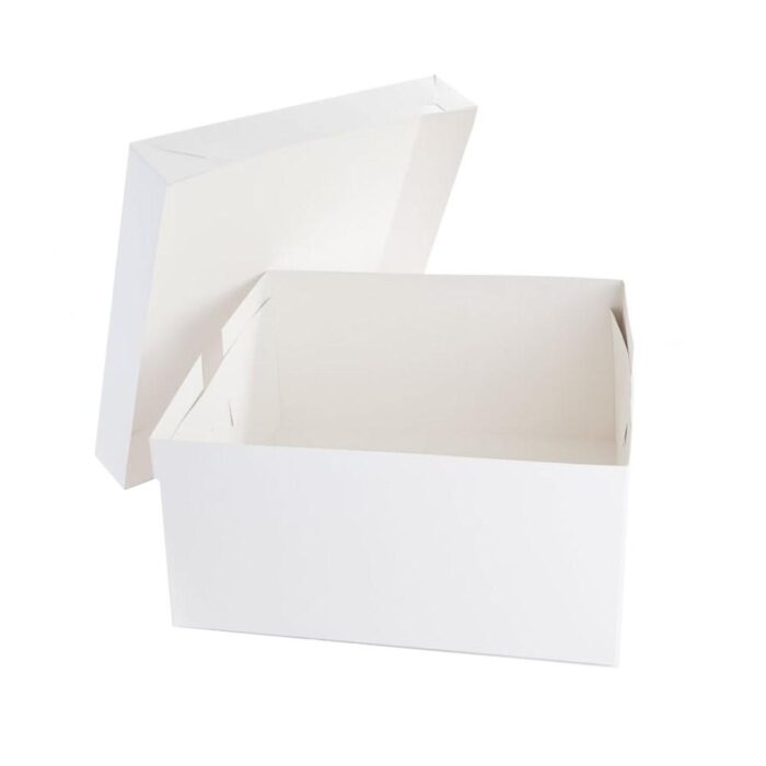 A tall, white cake box measuring 14 x 14 x 14 inches, shown open with the lid lifted. The interior is empty and spacious, featuring clean, smooth surfaces.