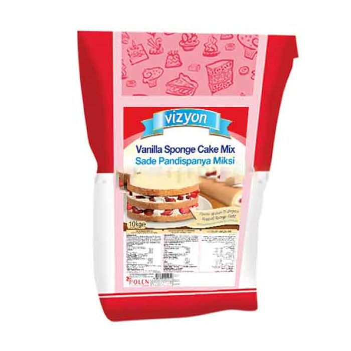 An image of a 1 kg package of Vizyon Vanilla Sponge Cake Mix is displayed. The package features a bright red background with a pink section adorned with illustrations of various desserts. The front label prominently showcases the product name &quot;Vizyon Vanilla Sponge Cake Mix,&quot; accompanied by the text &quot;Sade Pandispanya Miksi.&quot; The bag indicates a weight of 1 kg and includes descriptive text about the product and its uses.