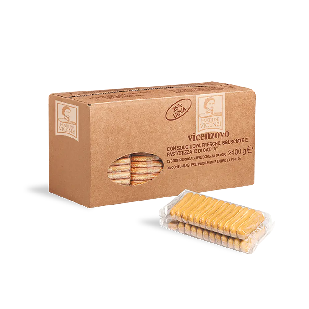 A large brown box of Vicenzovo ladyfingers is displayed on a black background. The box has a clear window showing packed biscuits and an additional clear plastic package of ladyfingers is placed beside it.