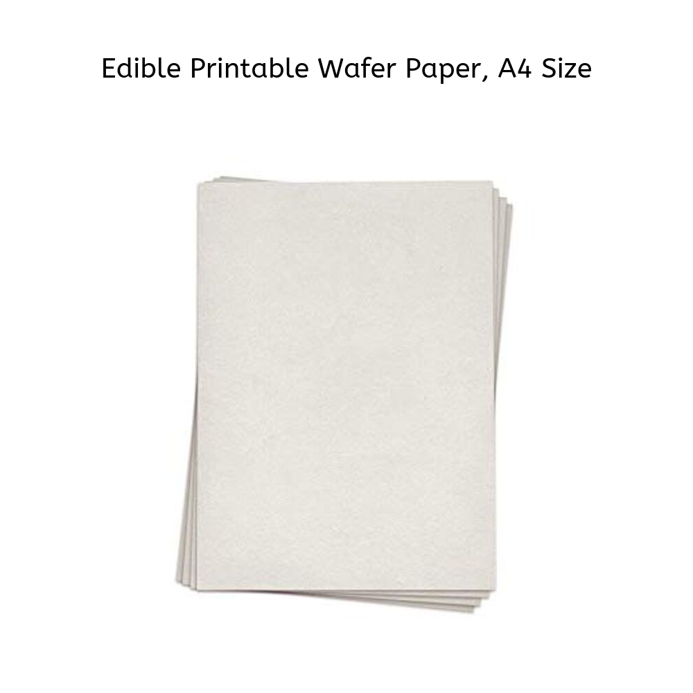 A stack of ten sheets of edible wafer paper in A4 size, shown in a neutral light background. The sheets are white with a slightly textured surface, appearing thin and flexible. The topmost sheet is slightly lifted, revealing the stack beneath. The image includes the text &quot;Edible Printable Wafer Paper, A4 Size&quot; above the stack.