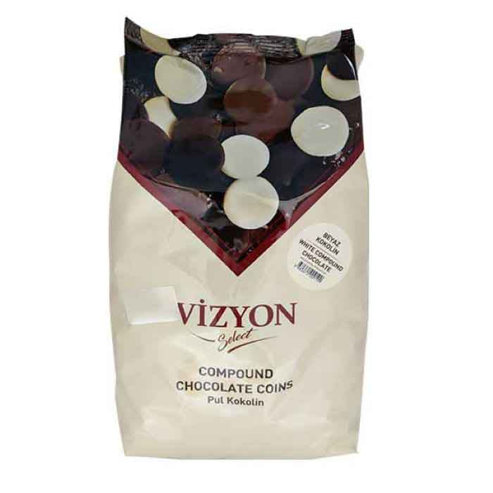 A 2.5 kg bag of Vizyon Select Compound Chocolate Coins, featuring a mix of white and dark chocolate buttons on the front. The bag is predominantly white with a red triangular design at the top and the product name prominently displayed. A round sticker indicates the flavor as &quot;white compound chocolate.&quot; The product is intended for baking or decorating.