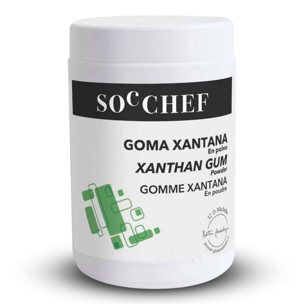 White container of SoChef Xanthan Gum powder with green geometric design, featuring text in multiple languages. Clean, minimalist design.