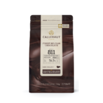 A bag of Callebaut Finest Belgian Chocolate, Recipe No. 811, featuring dark callets with 54.5% cocoa content. The packaging highlights its use for all-round applications with medium fluidity, crafted in Belgium from whole bean roasted cocoa. The bag weighs 1 kg (2.2 lbs).