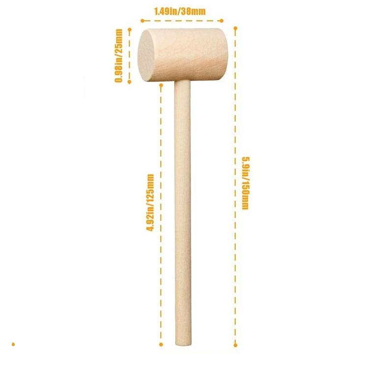 Wooden hammer with dimensions: 1.49 inches (38mm) head diameter, 9.8 inches (250mm) overall length, 0.98 inches (25mm) handle diameter, and 4.92 inches (125mm) head length. Ideal for woodworking and crafts.