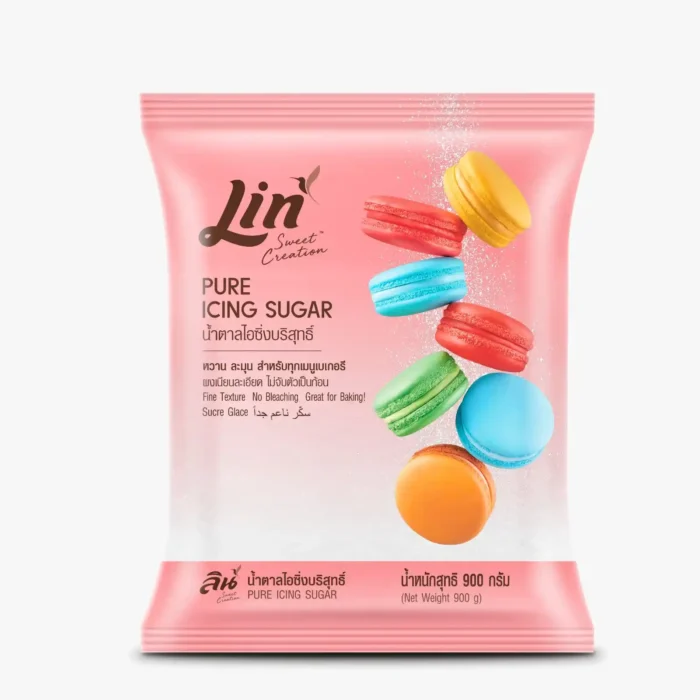 Packaging of Lin Sweet Creation Pure Icing Sugar with colorful macarons displayed on the front.