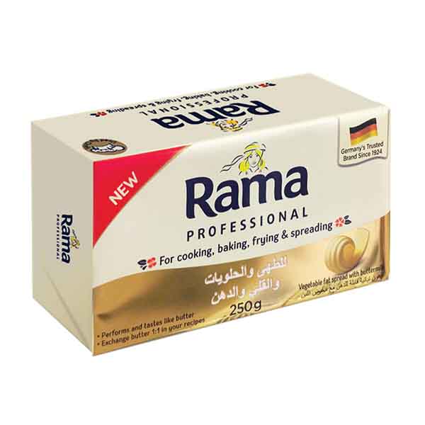 Rama Professional cooking and baking margarine, 250g, suitable for cooking, baking, frying, and spreading, Germany's trusted brand since 1924, available at Cake Craft UAE.