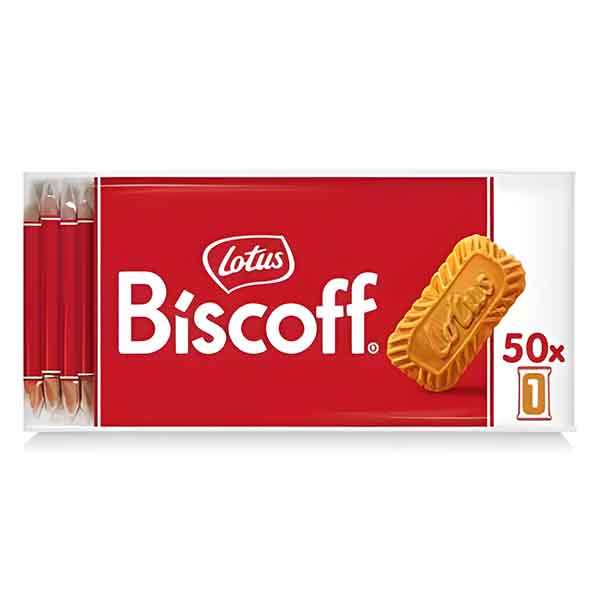 Package of Lotus Biscoff cookies, 50 individual pieces, ideal for snacking and dessert decoration, available at Cake Craft UAE.