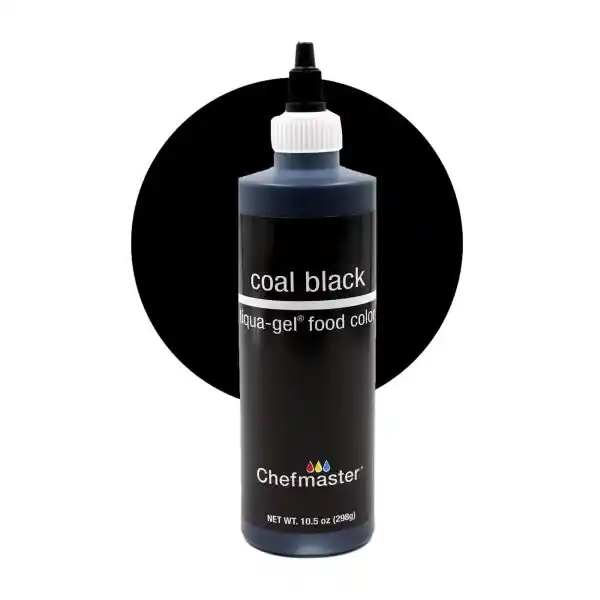 Bottle of Chefmaster Coal Black Liqua-Gel Food Color with a black circle background.